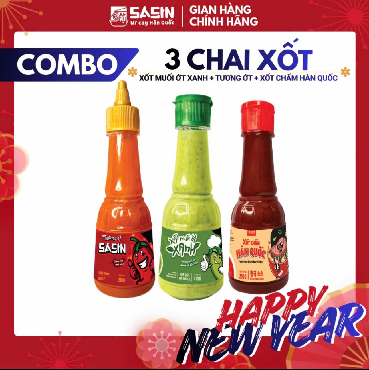 Combo 3 Chai Xốt (1 Tương ớt Sasin 230gr + 1 Xốt Muối ớt xanh 270gr + 1 Xốt Chấm Hàn Quốc 250gr)