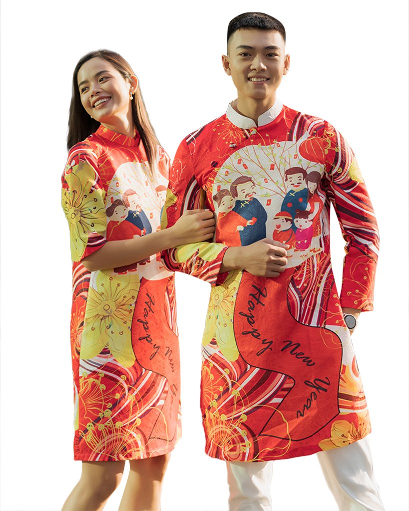 Áo dài gấm đỏ têt đoàn viên f2 adm08