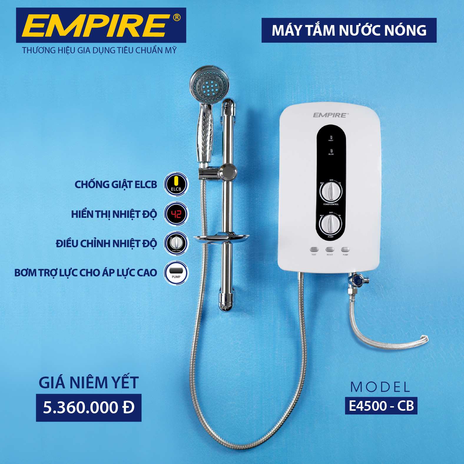 MÁY NƯỚC NÓNG TRỰC TIẾP CÓ BƠM TRỢ LỰC EMPIRE E4500-CB
