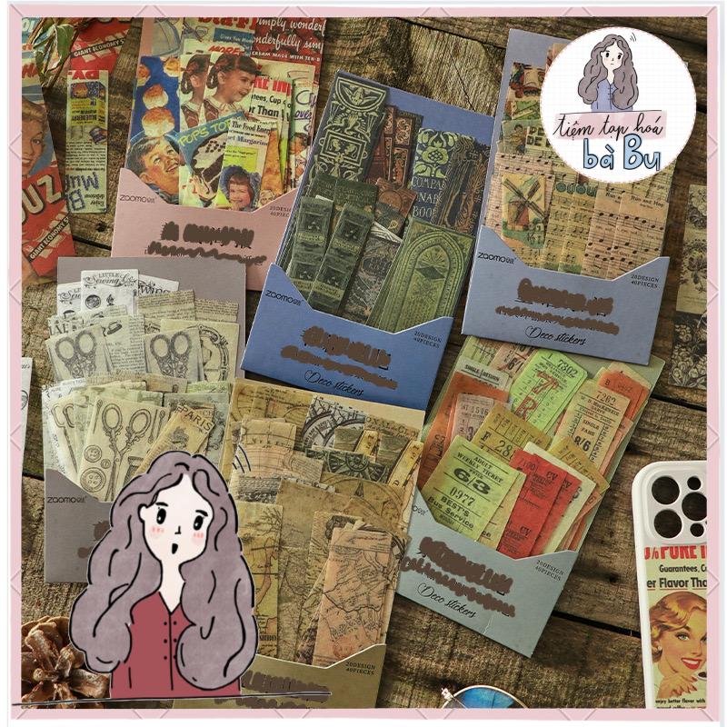 Gói 40 tờ stickers nhiều chủ đề dùng để dán trang trí kiểu cổ điển vintage