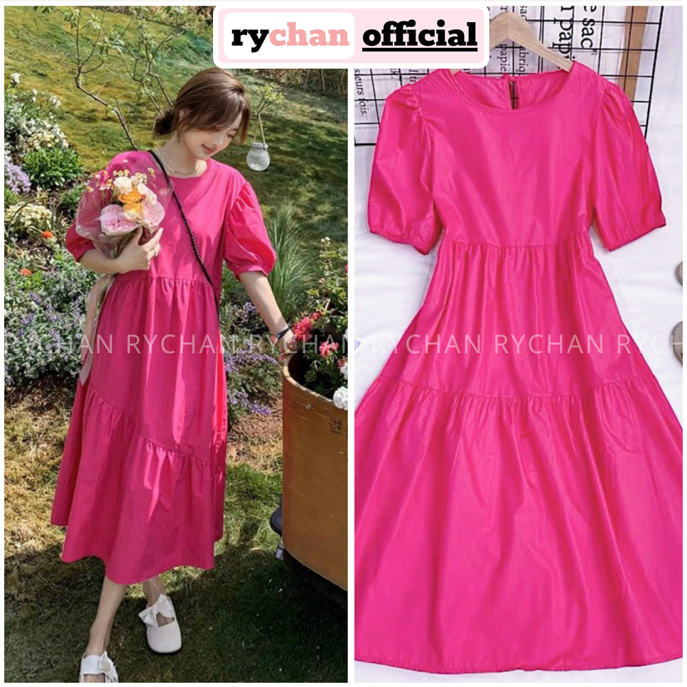 Đầm suông nữ cổ tròn tay ngắn đuôi cá thanh lịch, đầm nữ dạo mall midi tầng basic màu hồng - ds666