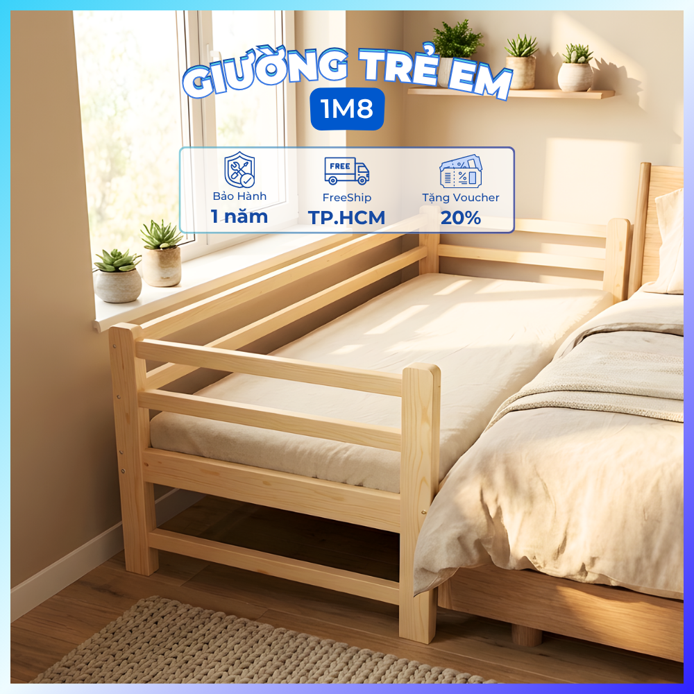 Giường Ngủ Gỗ Ghép Cho Trẻ Em 1m8 Có Thanh Chắn Giường Ngủ Rộng Rãi Chắc Chắn Cho Bé Và Gia Đình