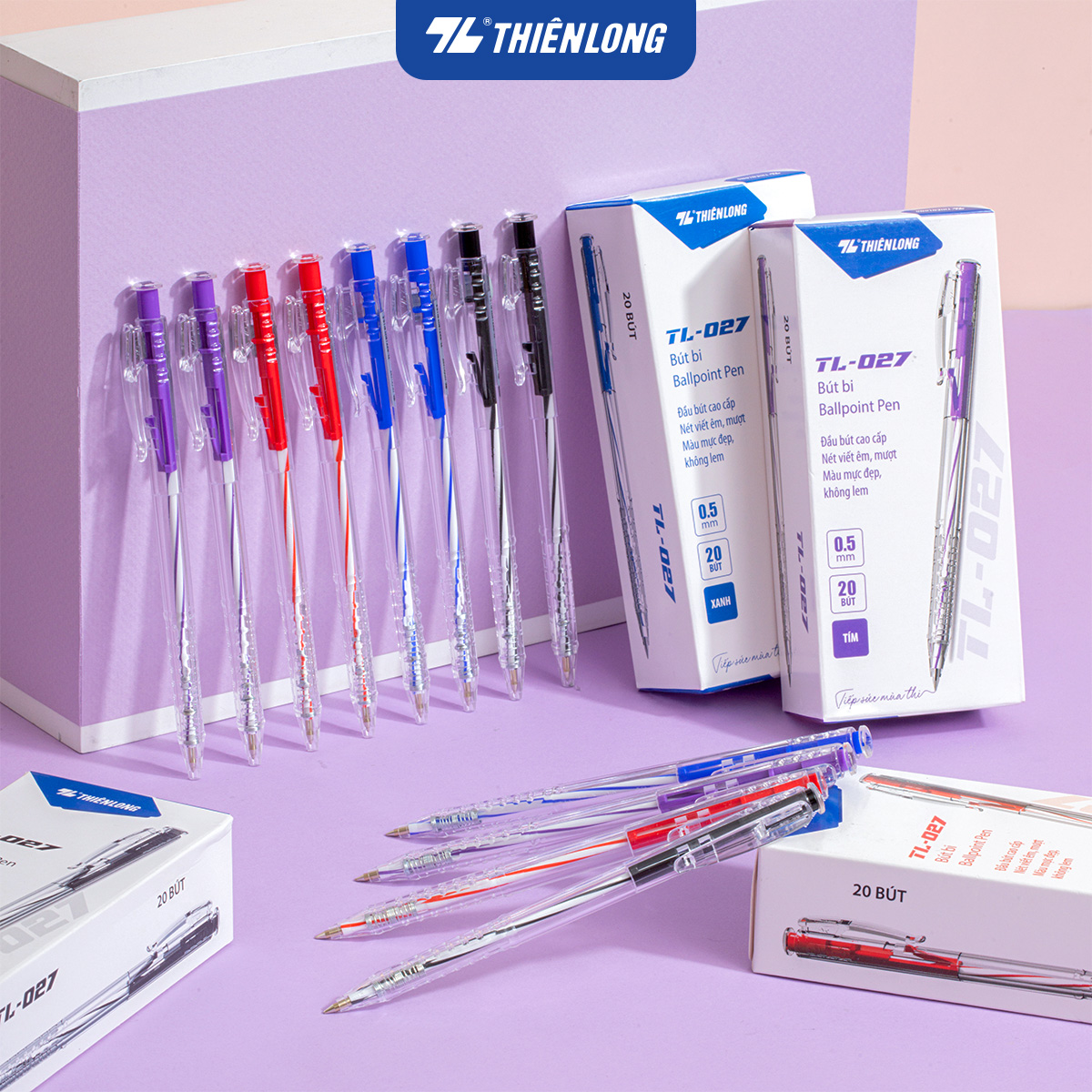  Combo 5 10 20 Bút bi Thiên Long TL-027 mực xanh đỏ đen tím ngòi 0.5mm nét viết đều dành cho học sinh văn phòng 
