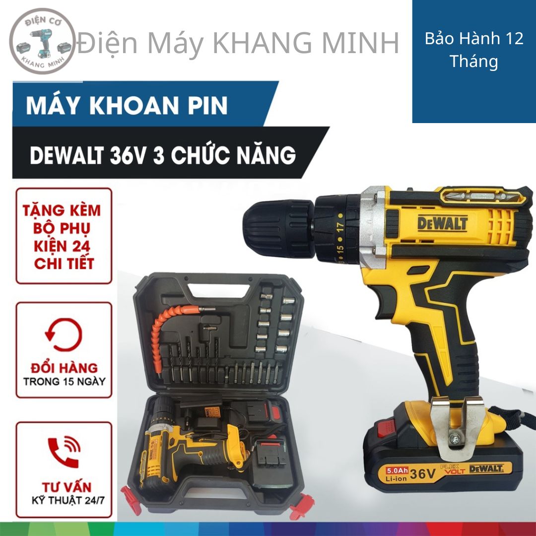 Máy khoan pin dewat 36v – tặng 24 phụ kiện - có búa - khoan pin 3 chức năng, lõi đồng 100% bảo hành 6 tháng