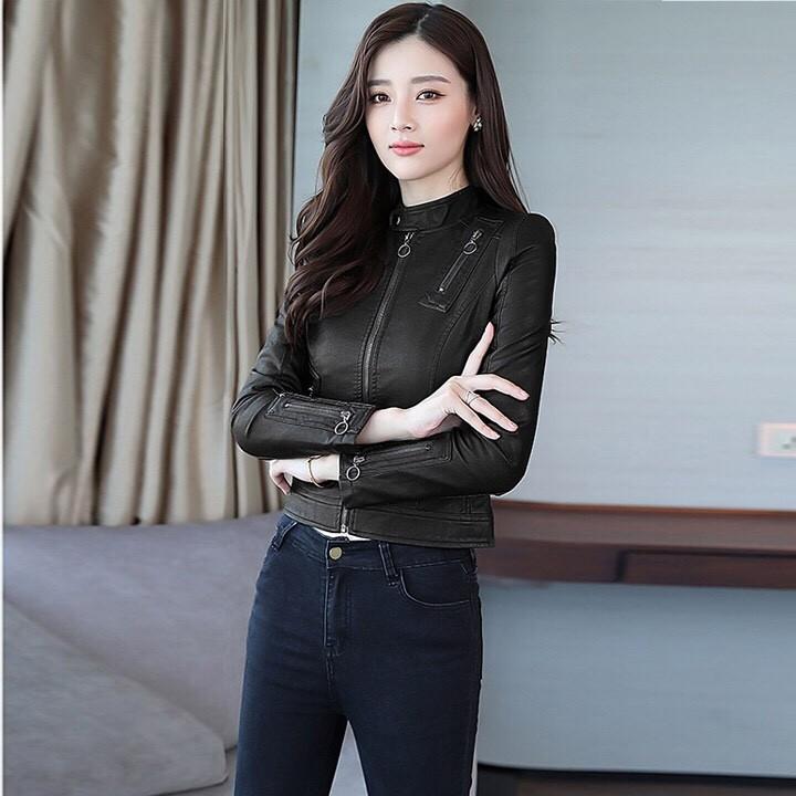 [HCM]Áo Khoác Da Nữ cổ đứng khóa tròn Cao Cấp AKDNCĐ005
