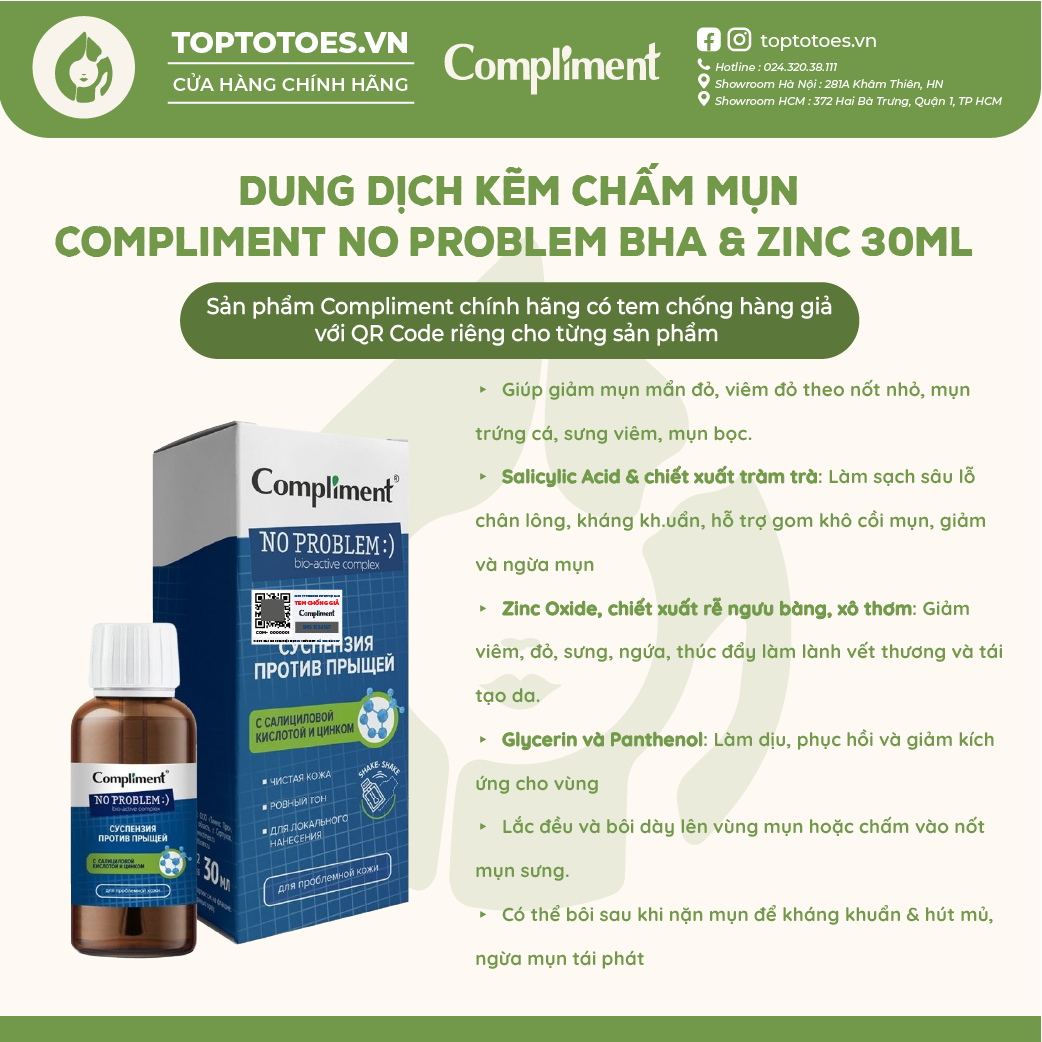 Dung dịch kẽm chấm mụn Compliment No Problem BHA & ZinC giảm sưng, ngừa viêm, gom khô cồi mụn 30ml