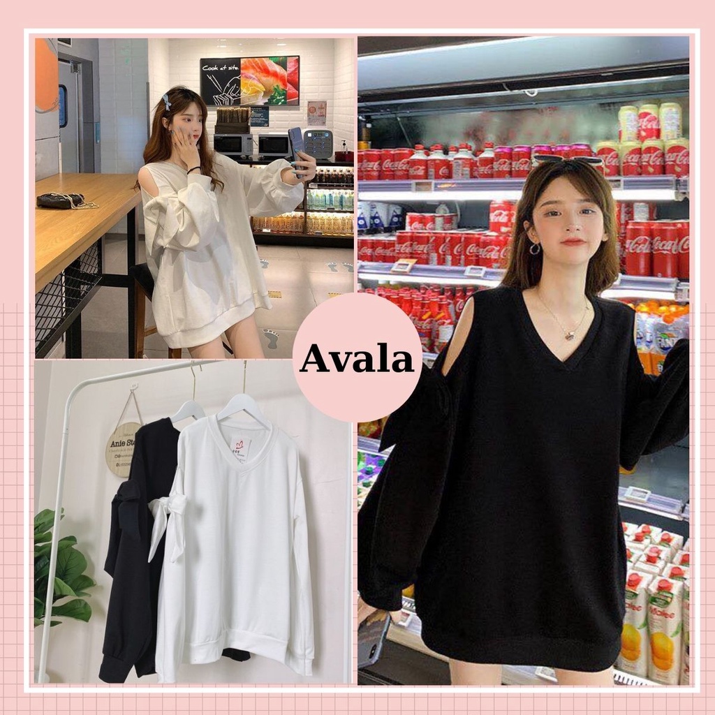 Áo Nỉ SWEATER Khoét Vai - Áo Nỉ Da Cá Nữ Dài Tay Form Rộng Hai Màu Đen, Trắng Ulzzang