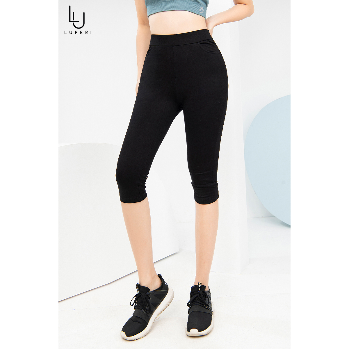 Quần Legging Lửng Ngố Đùi Nữ Luperi LP512 Cạp chun vải cotton co giãn màu đen chất dày dặn ôm ngắn