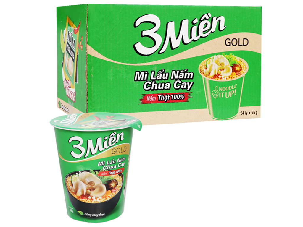 Thùng 24 ly mì 3 Miền vị lẩu nấm chua cay 65g