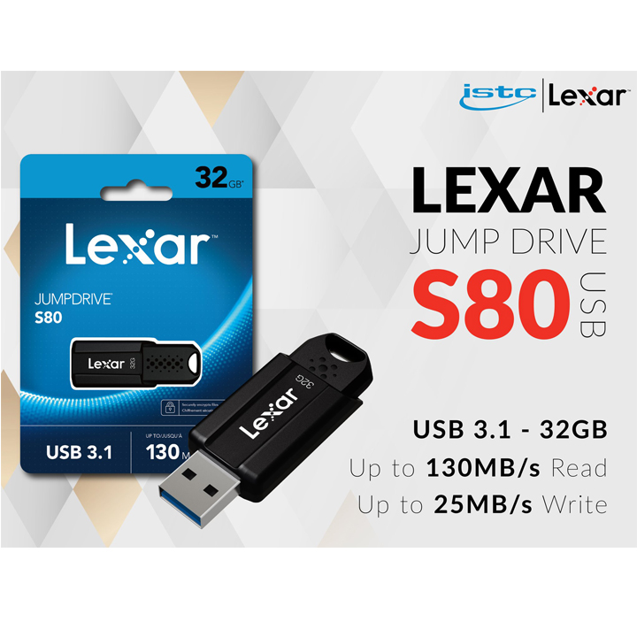 Usb lexar jumpdrive 32gb s80, usb 3.1, tốc độ đọc lên tới 130mb/s, ghi 25mb/s - tin học mai hoàng phân phối
