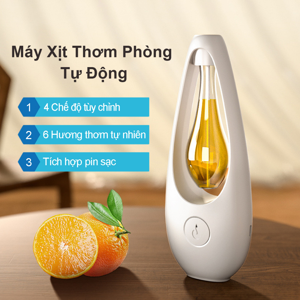 Máy xịt thơm phòng tự động, nước hoa thơm phòng 6 mùi hương lựa chọn tích hợp pin sạc