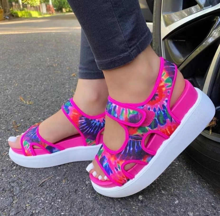 hot【DT】❖┅❁  2023 women's new large wedge heel sandals with thick soles summer color print beach slippers