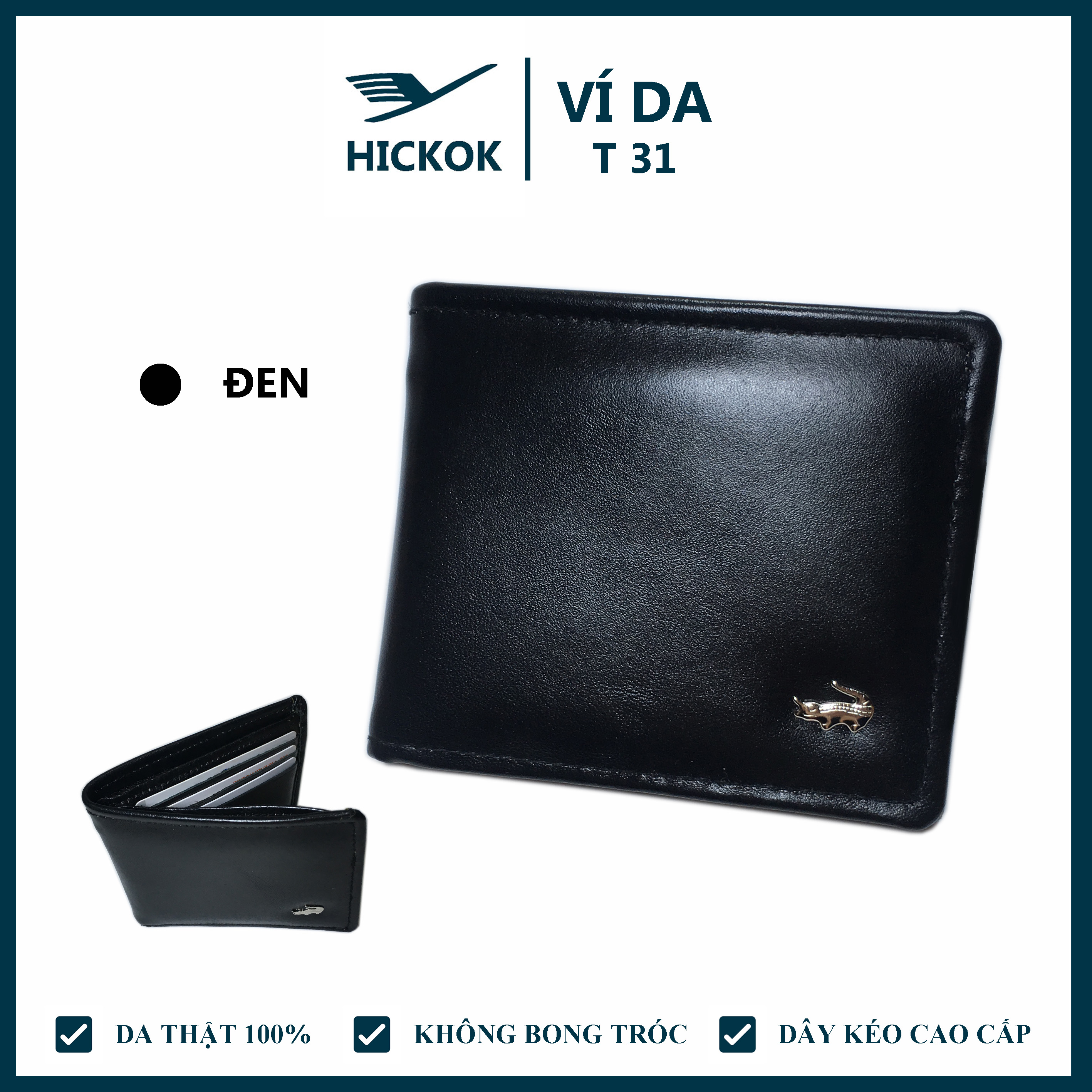 Ví da nam, ví nam da bò 100%  T31 kích thước gấp ngang 11cm chất liệu da bền bỉ, màu đen đựng vừa thẻ cavet xe có ngăn dây kéo các ngăn chứa