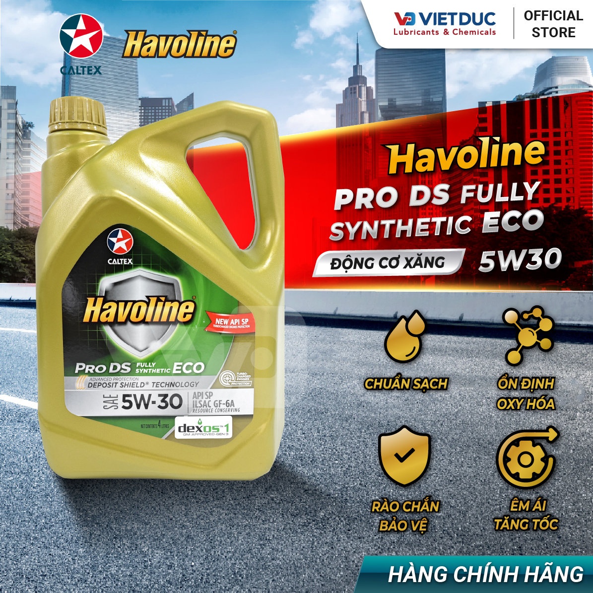  Dầu nhớt động cơ Tổng hợp toàn phần - Caltex Havoline ProDS FullySyn Eco 5W-30  Can 4L  