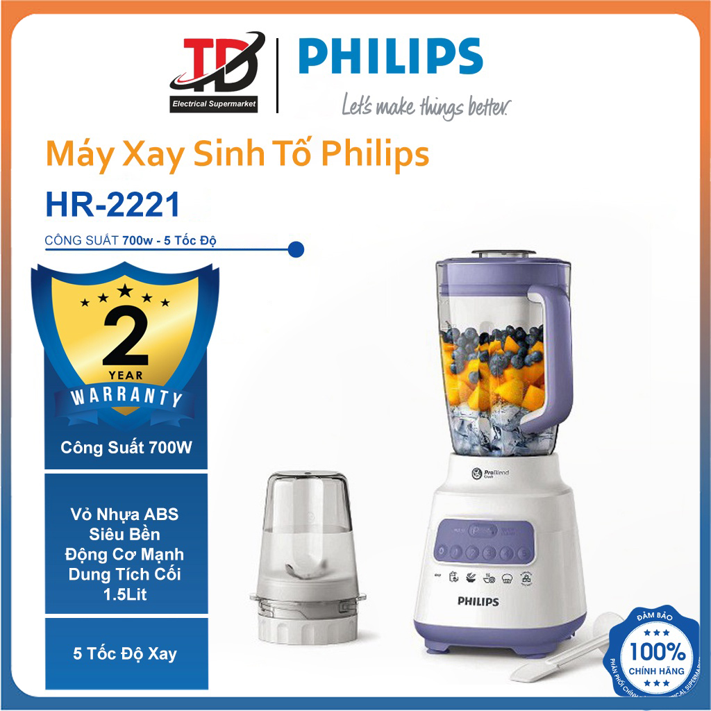  Máy Xay Sinh Tố Philips HR2221 Công suất 700W Xay Đá Xay Hạt - Bảo Hành Chính Hãng 2 Năm 