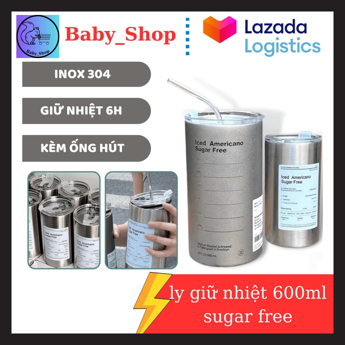 Cốc giữ nhiệt, ly giữ nhiệt có ống hút - ly giữ nhiệt 600ml sugar free - cốc giữ nhiệt có ống hút, giữ nhiệt hơn 6h.