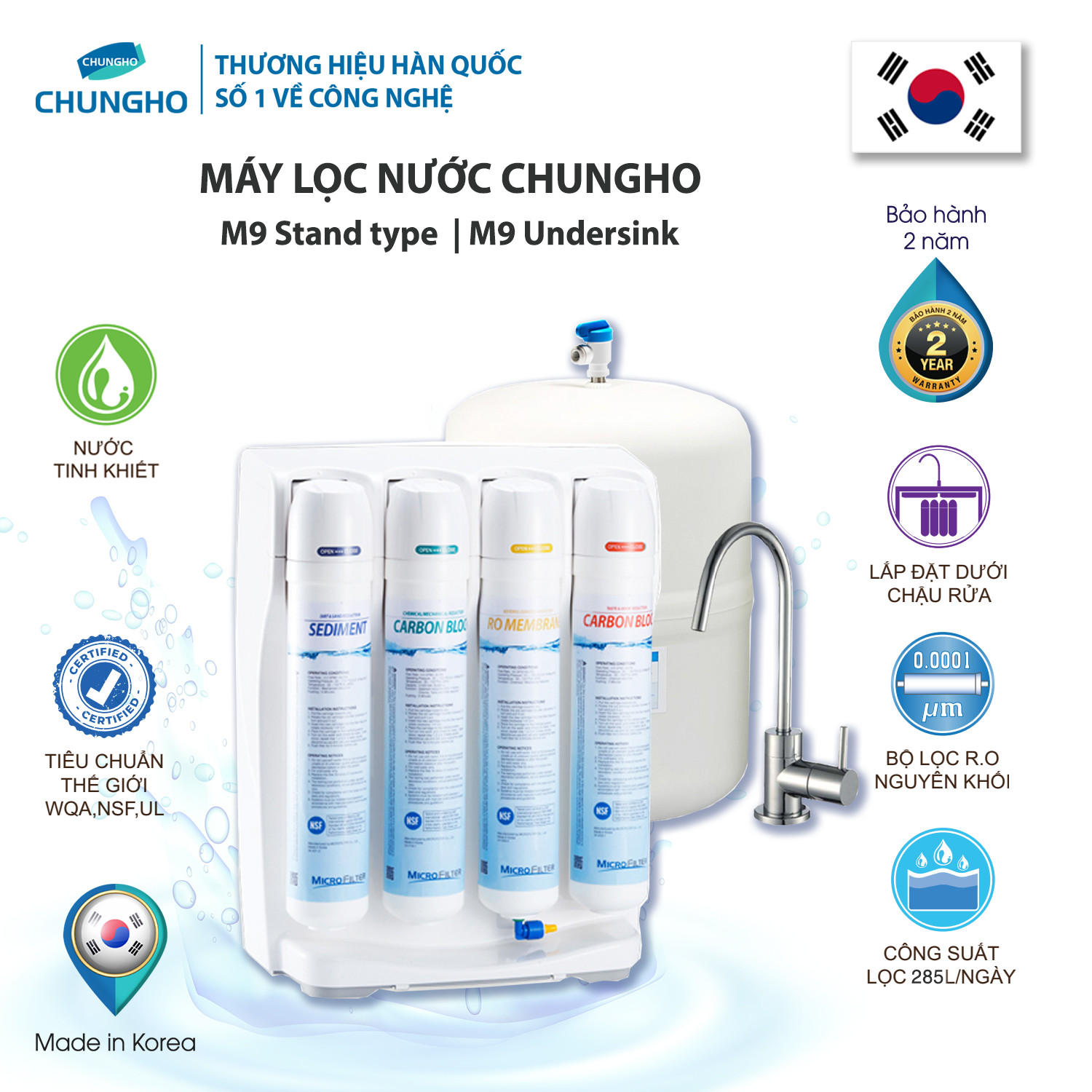 Máy lọc nước chungho m9 undersink máy lọc nước ro để gầm, máy lọc nước nhập khẩu hàn quốc, bảo hành 2 năm