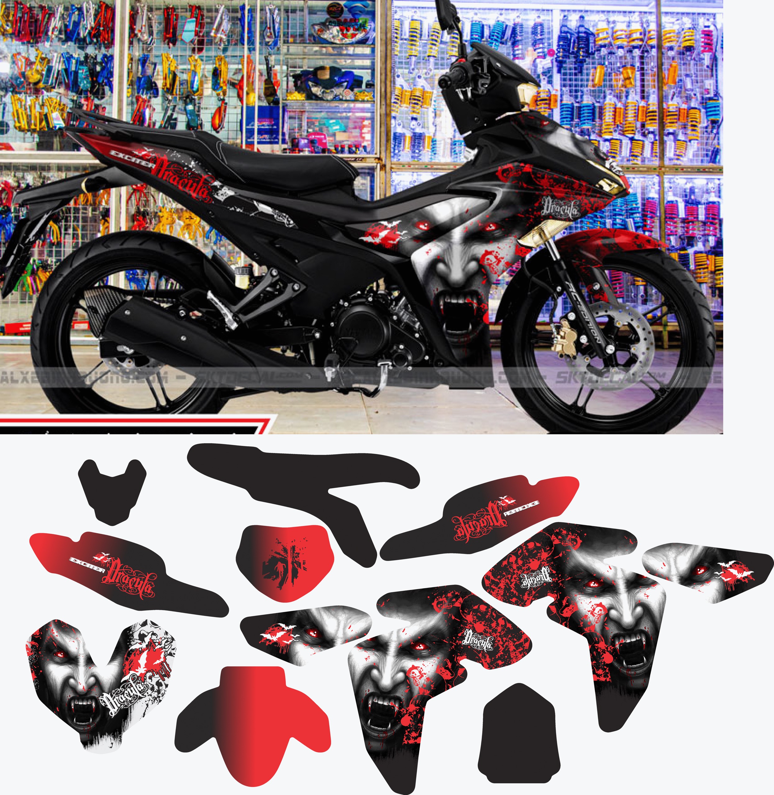 Tem trùm xe exciter 155 DRACULA ĐỎ ĐEN đẹp - Tem dán xe máy exciter 155 DRACULA ĐỎ ĐEN thiết kế theo yêu cầu - tem trùm exciter 155 độ chế đẹp và rẻ chất