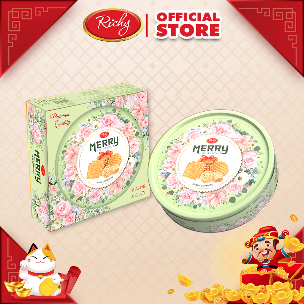 Bánh richy merry hoa xanh - bánh thập cẩm 333g hộp thiếc - richy tết 2024