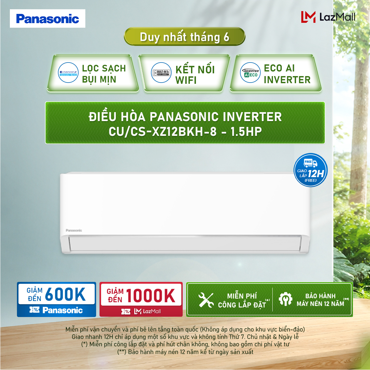 [CHỈ GIAO MIỀN BẮC] [Trả góp 0%] [Chỉ giao miền Bắc] Máy lạnh/Điều hòa Panasonic Inverter CU/CS-XZ12BKH-8 - 1.5HP - Hai chiều - Eco AI - Lọc sạch không khí NanoeX - Wifi - Hàng chính hãng