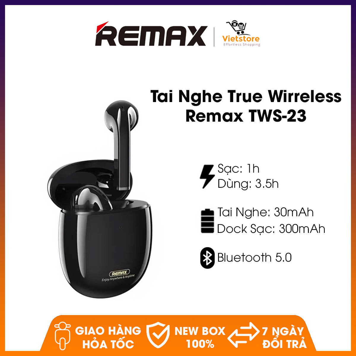 Tai nghe Bluetooth Remax TWS-23 Bluetooth 5.0, phạm vi kết nối 10m, âm bass cực hay
