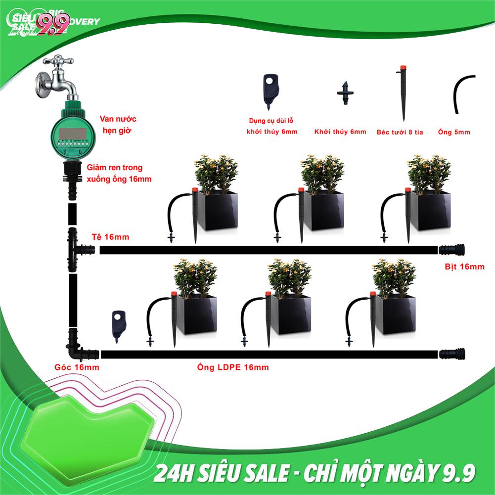 Bộ tưới nhỏ giọt có hẹn giờ cho vườn sân thượng 70 đầu tưới kèm ống và đầy đủ phụ kiện lắp đặt