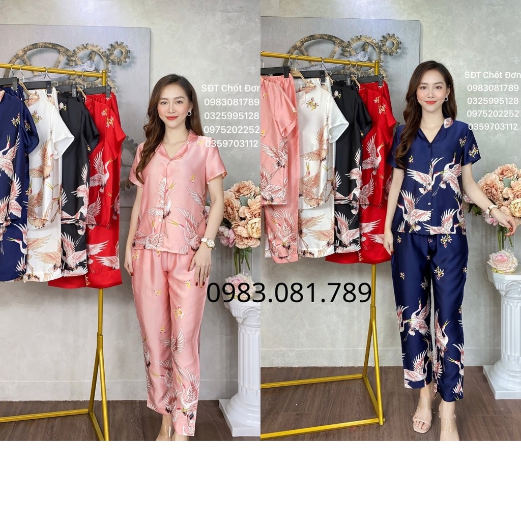 [] bộ đồ pijama lụa💖bộ lụa tay cộc - quần dài họa tiết con hạc chất lụa satin [ảnh chụp thật]