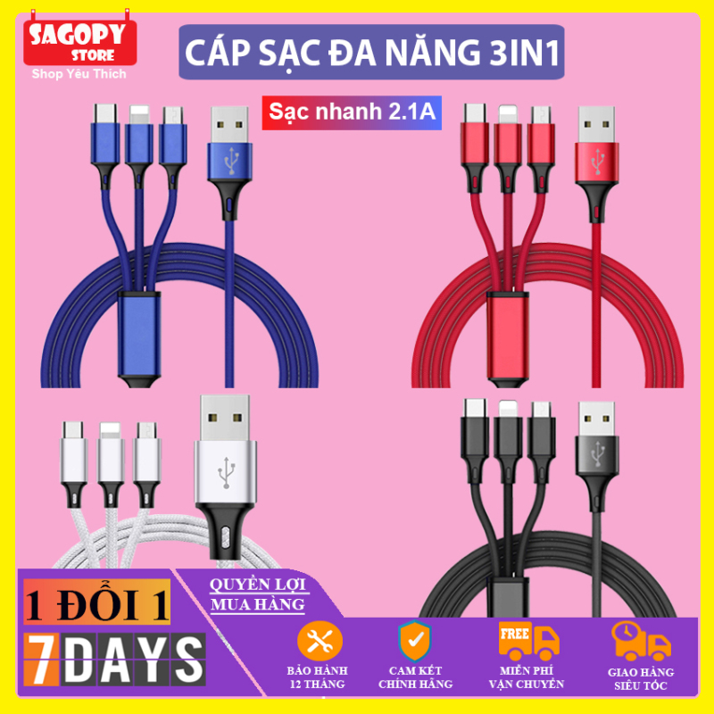 Dây sạc samsung cáp sạc 3 đầu đa năng 3in1 lightning - micro - type c dây dù sạc cho samsung oppo xiaomi iphone