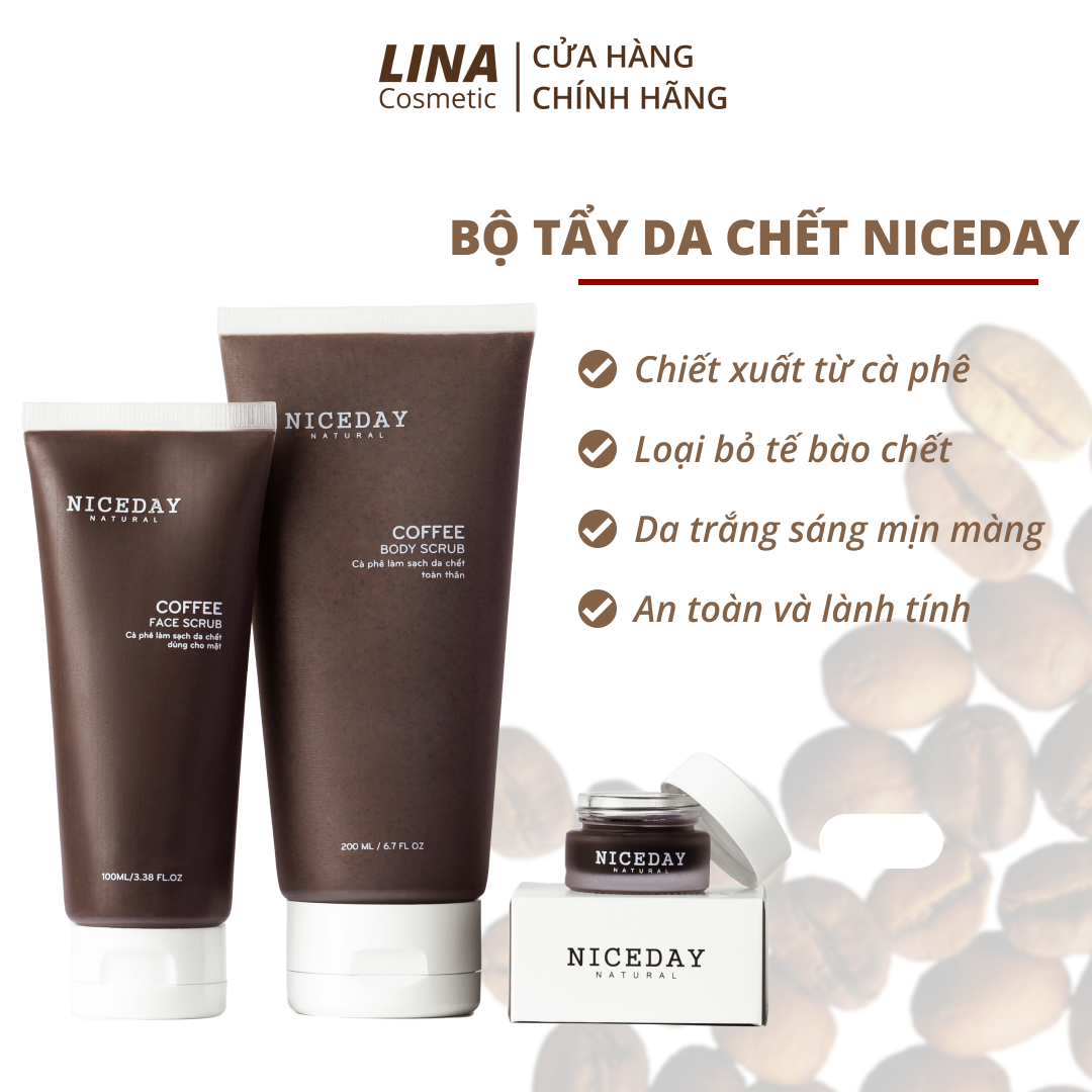 Combo tẩy da chết NICEDAY, tẩy da chết môi, mặt và toàn thân chiết xuất từ cà phê làm sạch da, trắng mịn và hồng môi