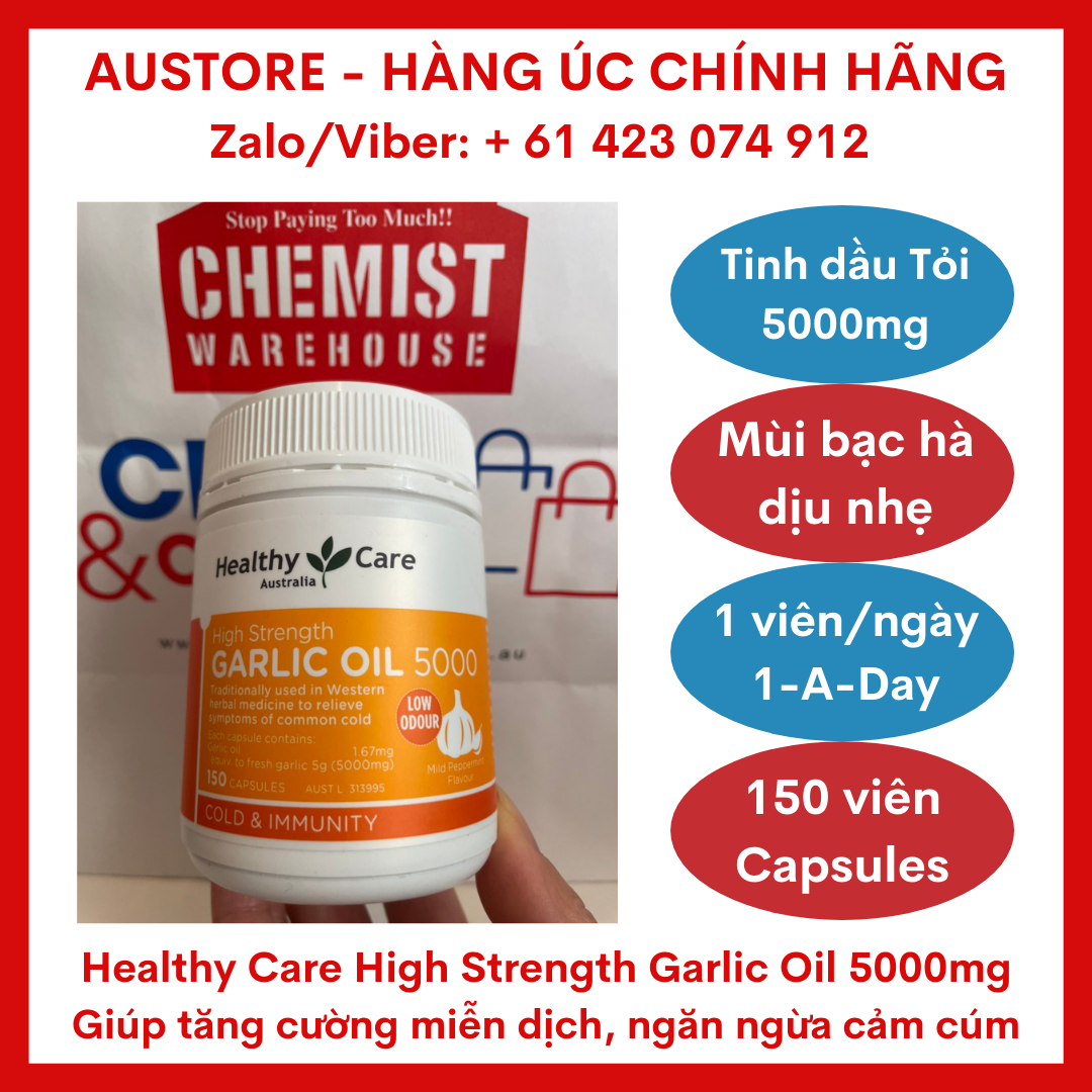 [Bill Úc, Date mới] Healthy Care High Strength Garlic Oil 5000mg 150 Capsules - Tinh dầu tỏi Healthy Care hàm lượng cao giúp tăng cường sức khỏe miễn dịch, ngăn ngừa cảm cúm