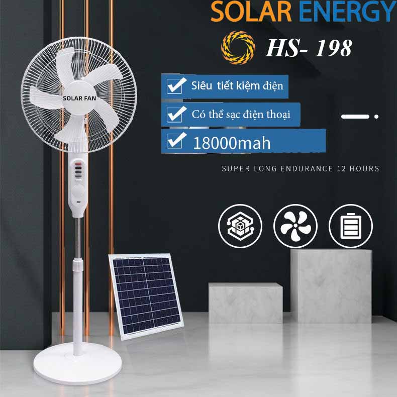[BẢO HÀNH 24 THÁNG] Quạt sạc tích điện năng lượng mặt trời solar fan hs198 và hs889 công suất 35w 30000 mAh 16 inch có cổng sạc usb và đèn chiếu sáng, hỗ trợ 2 cách sạc động cơ không chổi than