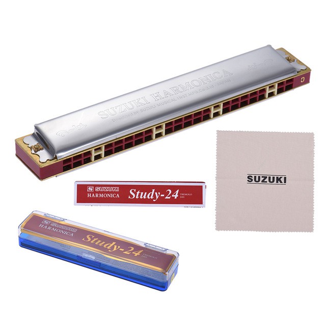 Kèn Harmonica Tremolo Suzuki Study 24 Key C (Bạc) Có Thể Thổi Được Rất Nhiều Bài - Kèm Thêm Vải Nhung Lau Kèn