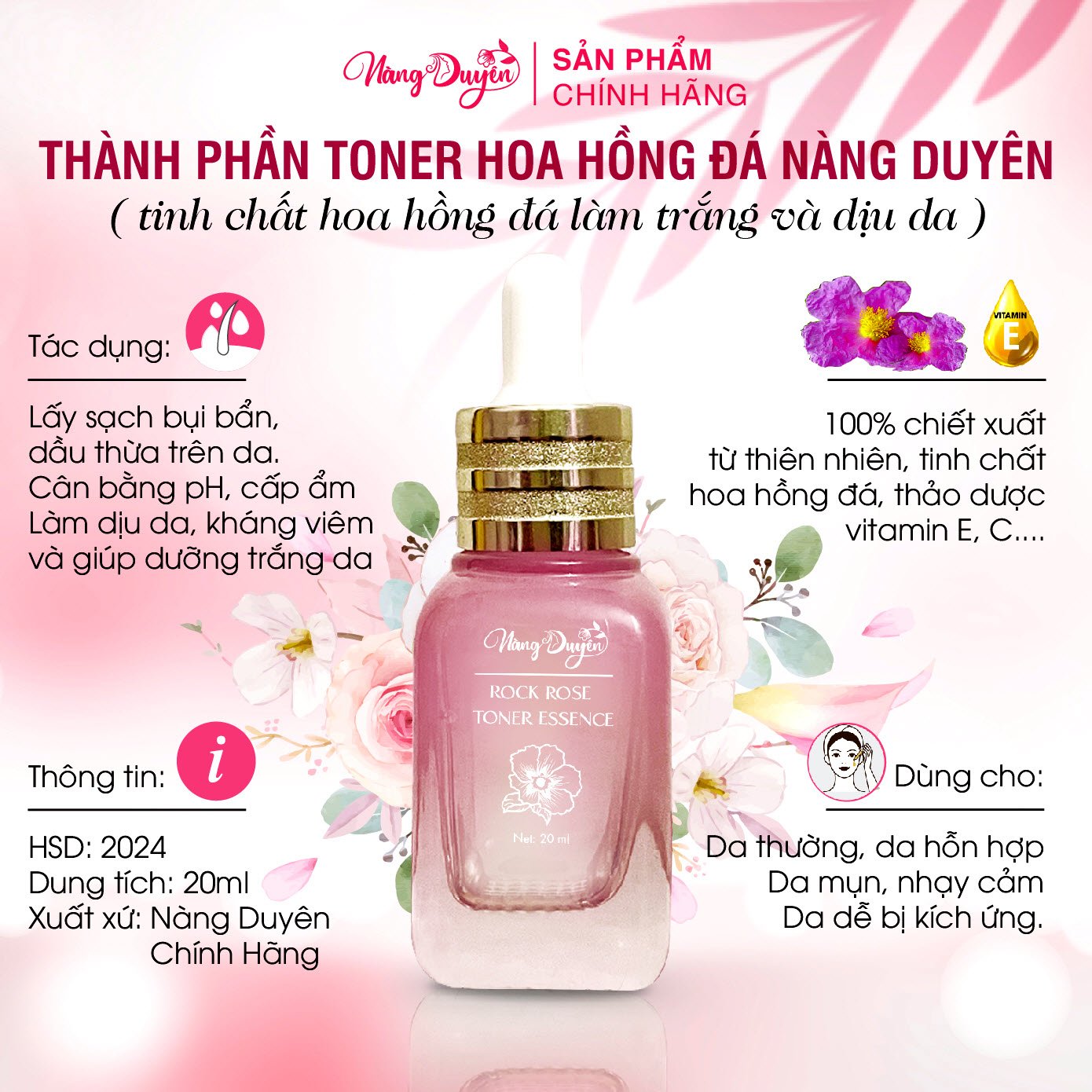 Toner , Nước Hoa Hồng Nàng Duyên-Giúp Dưỡng Trắng Và Se Khít Lỗ Chân Lông Ngăn Ngừa Mụn Đầu Đen