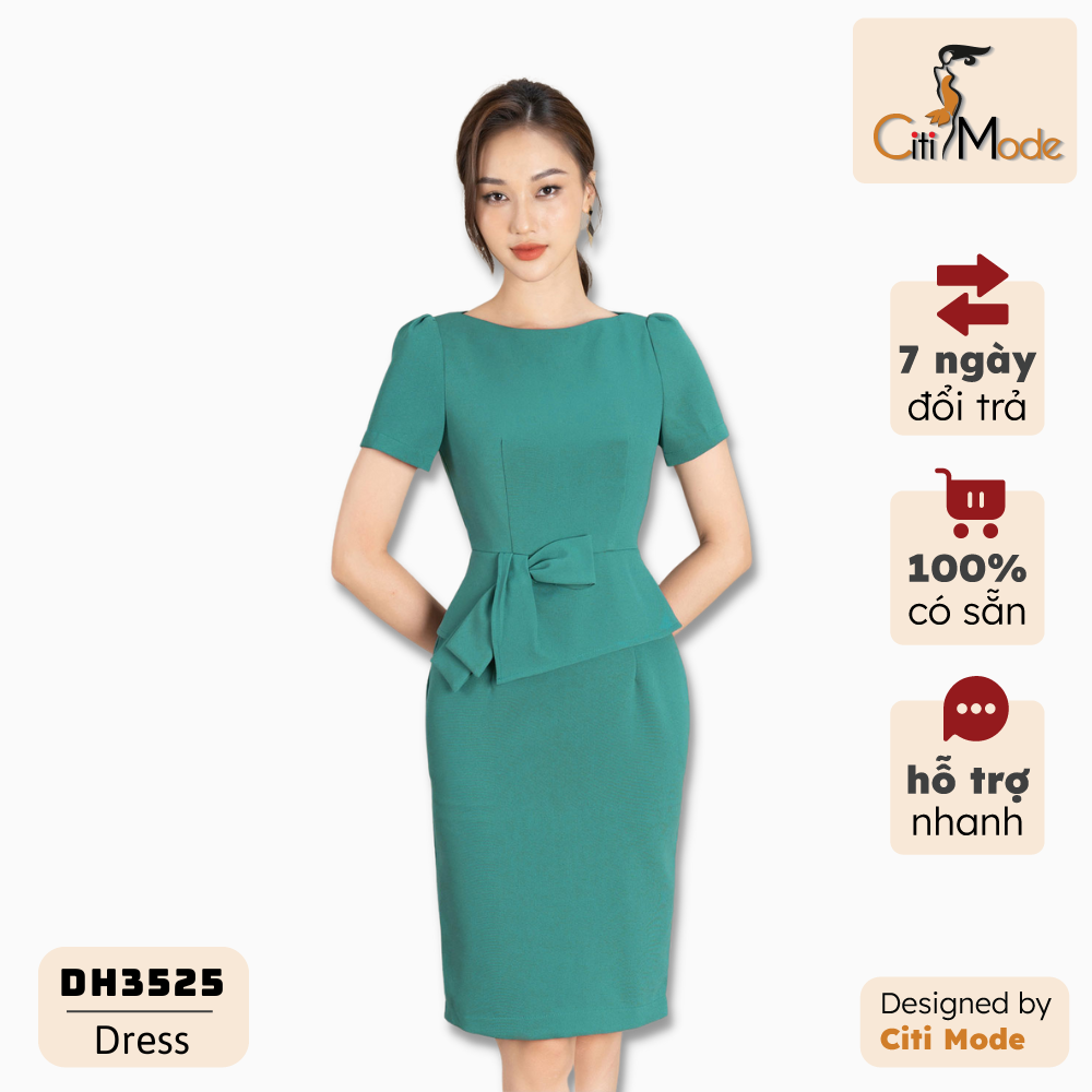 Mua 2 giảm 5% đầm công sở citi mode thiết kế dáng ôm trơn xanh đá nơ eo cổ thuyền dh3525
