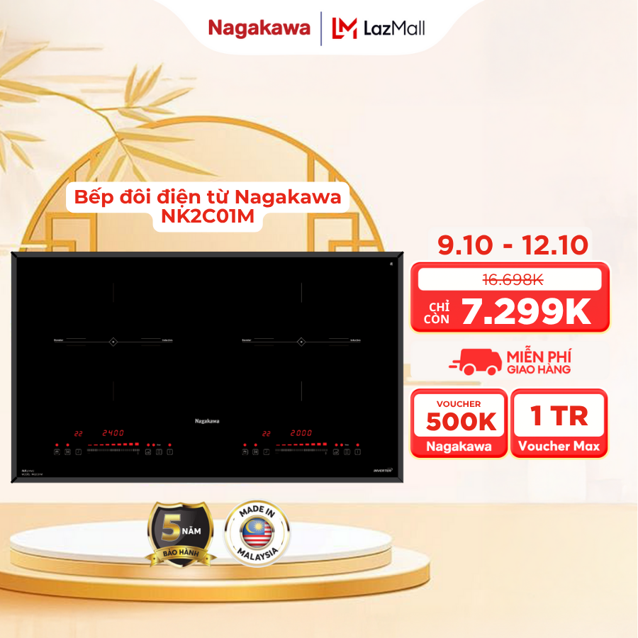 [Miễn phí vận chuyển] Bếp điện từ đôi cao cấp Nagakawa NK2C01M/ NAG1202M, công nghệ inverter, công suất cực đại 2400W - bảo hành 5 năm - made in Malaysia