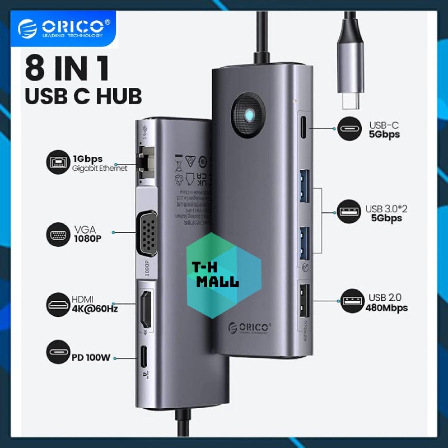 Bộ chuyển đổi hub 5 / 6 / 8 trong 1 Orico type C to USB3.0 / HDMI 60Hz / PD 100W / RJ45 1Gbps 2.5Gbps 5 / 6 / 8 in 1 cho laptop táo