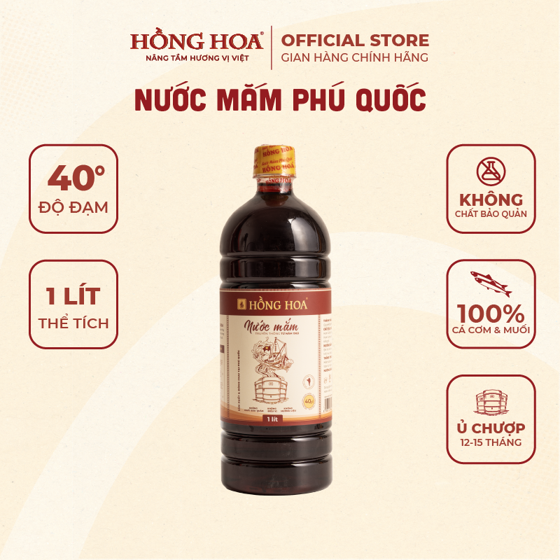 Nước mắm phú quốc hồng hoa 40 độ đạm 1000ml chai nhựa, nước mắm cá cơm truyền thống