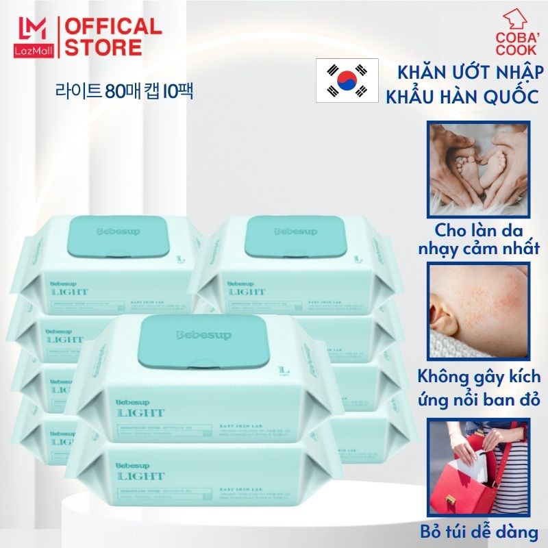 Combo 10 gói khăn ướt không mùi bebesup hàn quốc cho bé- light80