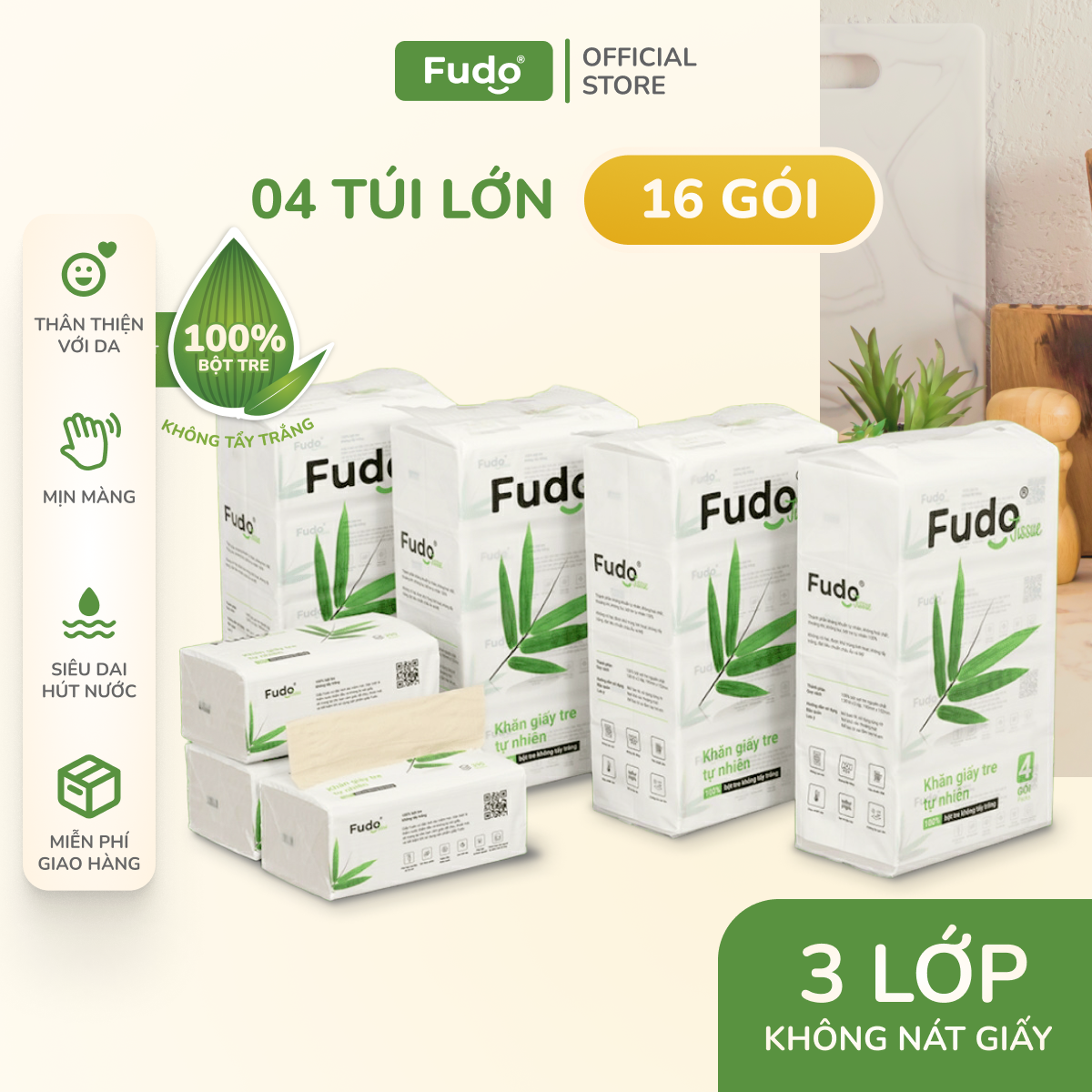 Khăn giấy rút Fudo Tissue 16 gói - 3 lớp từ tre siêu thấm, bền dai, không tẩy trắng (04 Túi lớn)