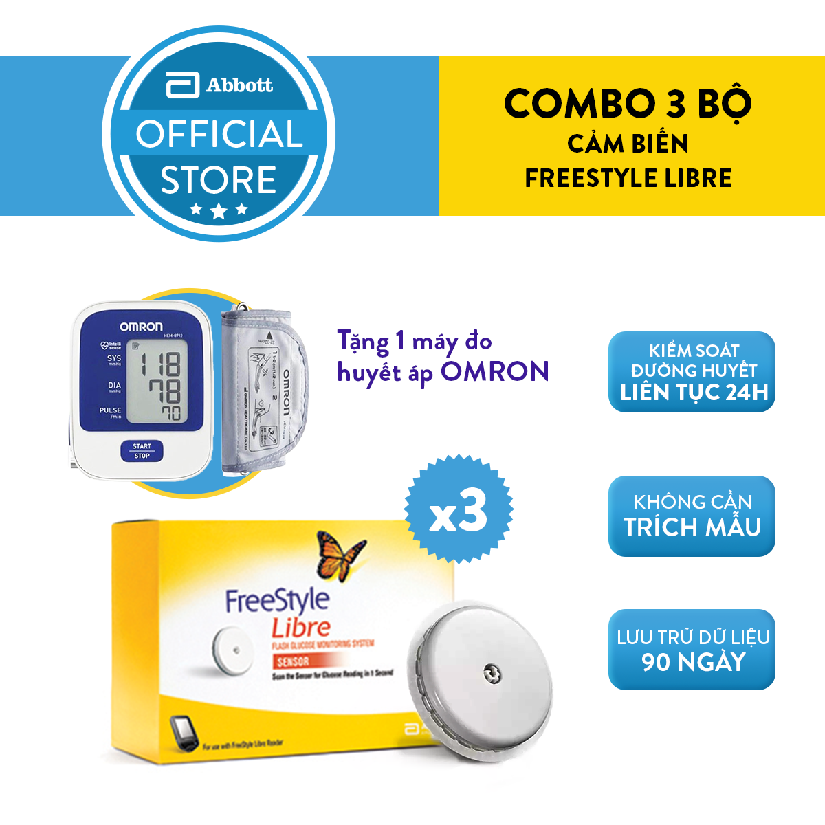 Combo 3 cảm biến đo đường huyết liên tục FreeStyle Libre Tặng Máy đo huyết
