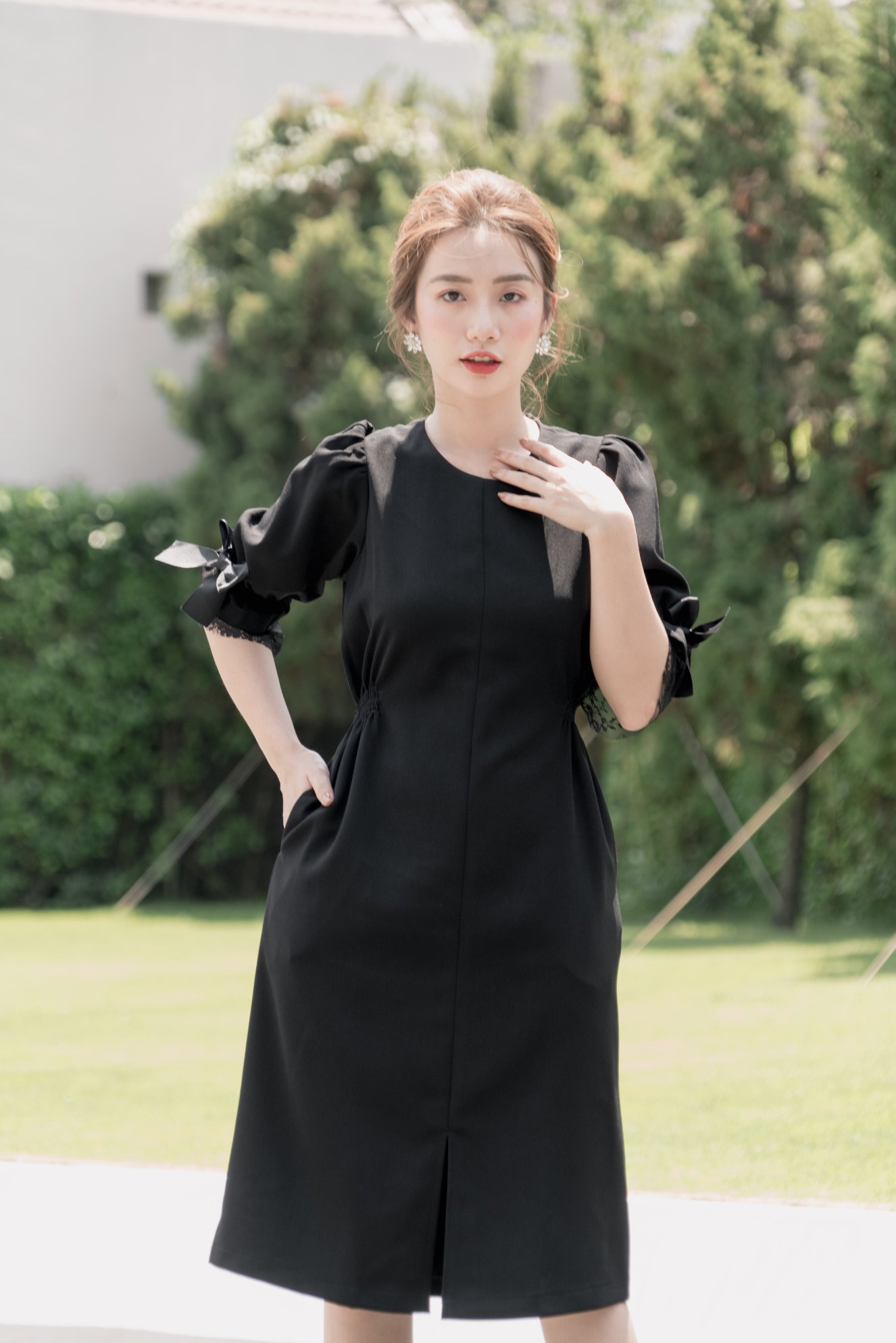 Rập - đầm đen tay ren nhún eo - pastel 06