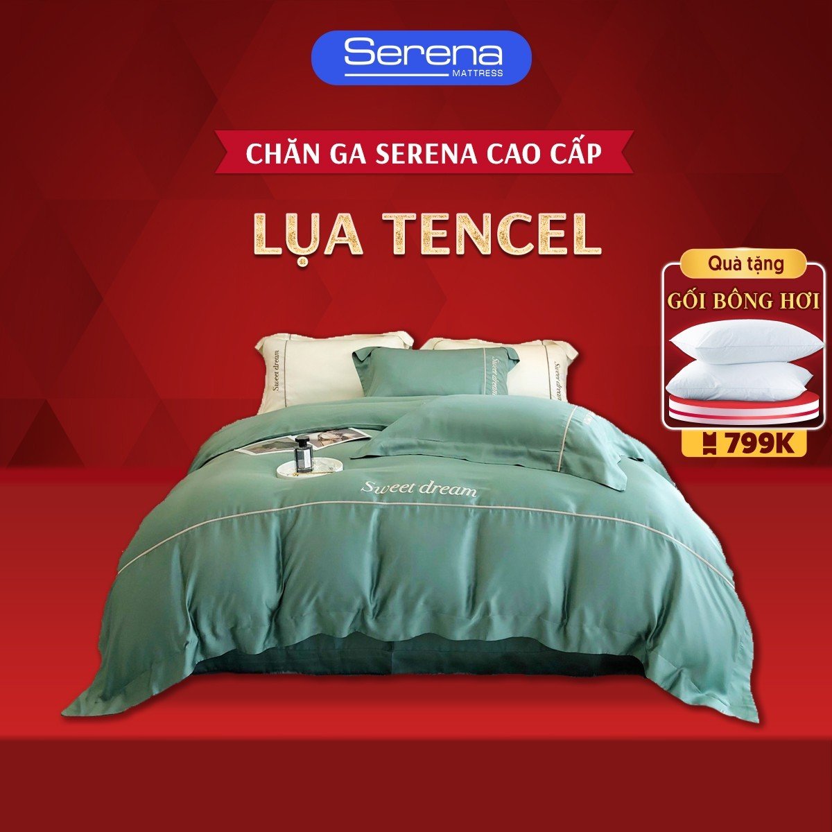 Bộ chăn ga gối đệm cao cấp 5 món lụa tencel SERENA chính hãng bộ vỏ nệm đệm chăn ga ra grap drap gối mát lạnh đẹp cao cấp 5 món lụa tencel trải bọc phủ giường người lớn chần bông cao cấp sang trọng - Serena Việt Nam