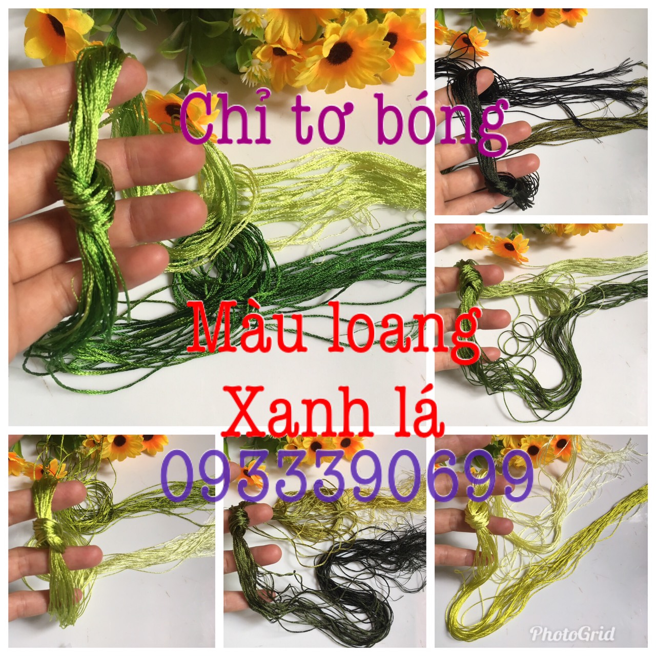 🍀🌺 chỉ thêu tơ bóng loang thêu tay truyền thống tone xanh lá, chỉ tốt màu đẹp