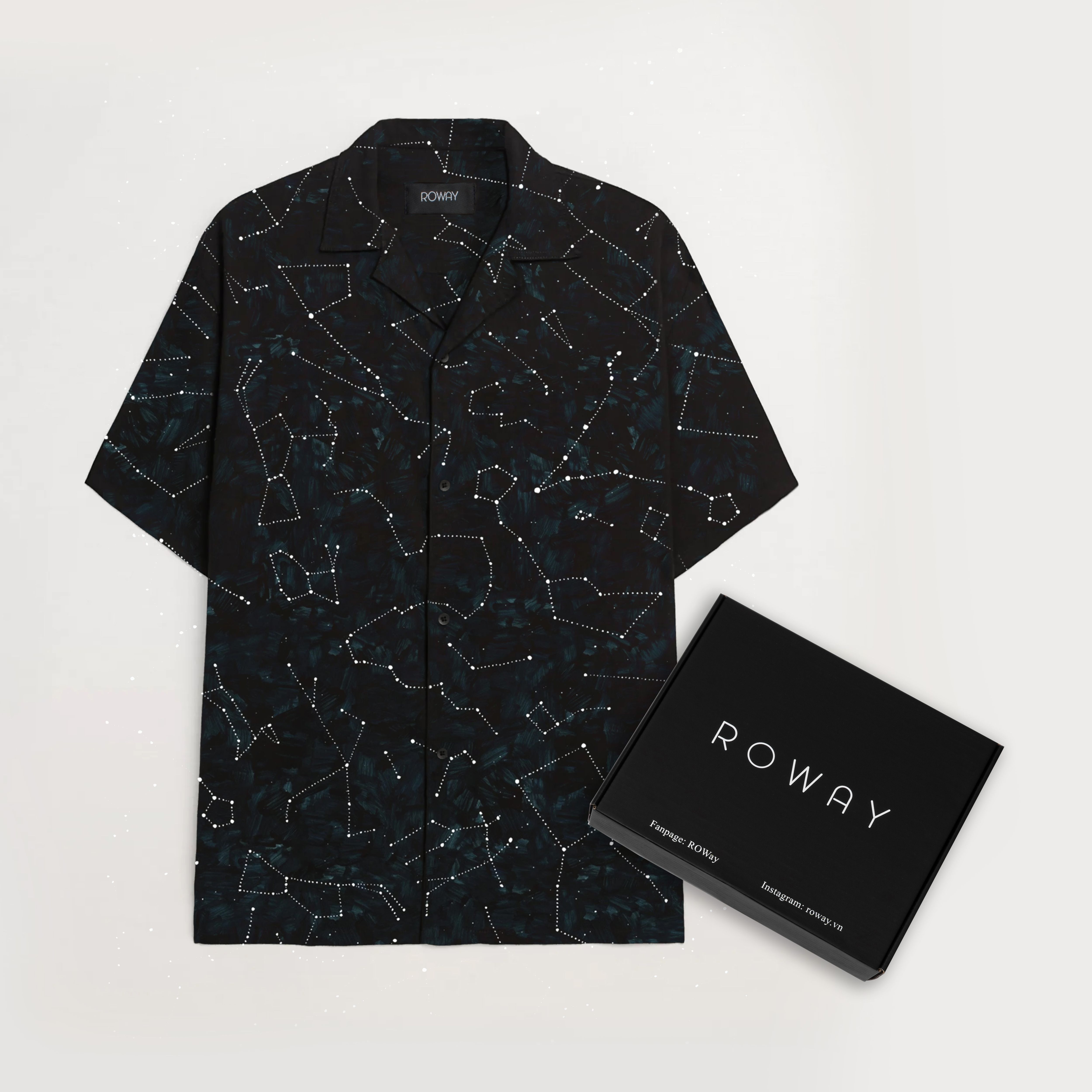 Áo sơ mi nam ROWAY Fullbox, vải lụa thoáng mát, không nhăn, form regular | Sơ mi họa tiết ngân hà