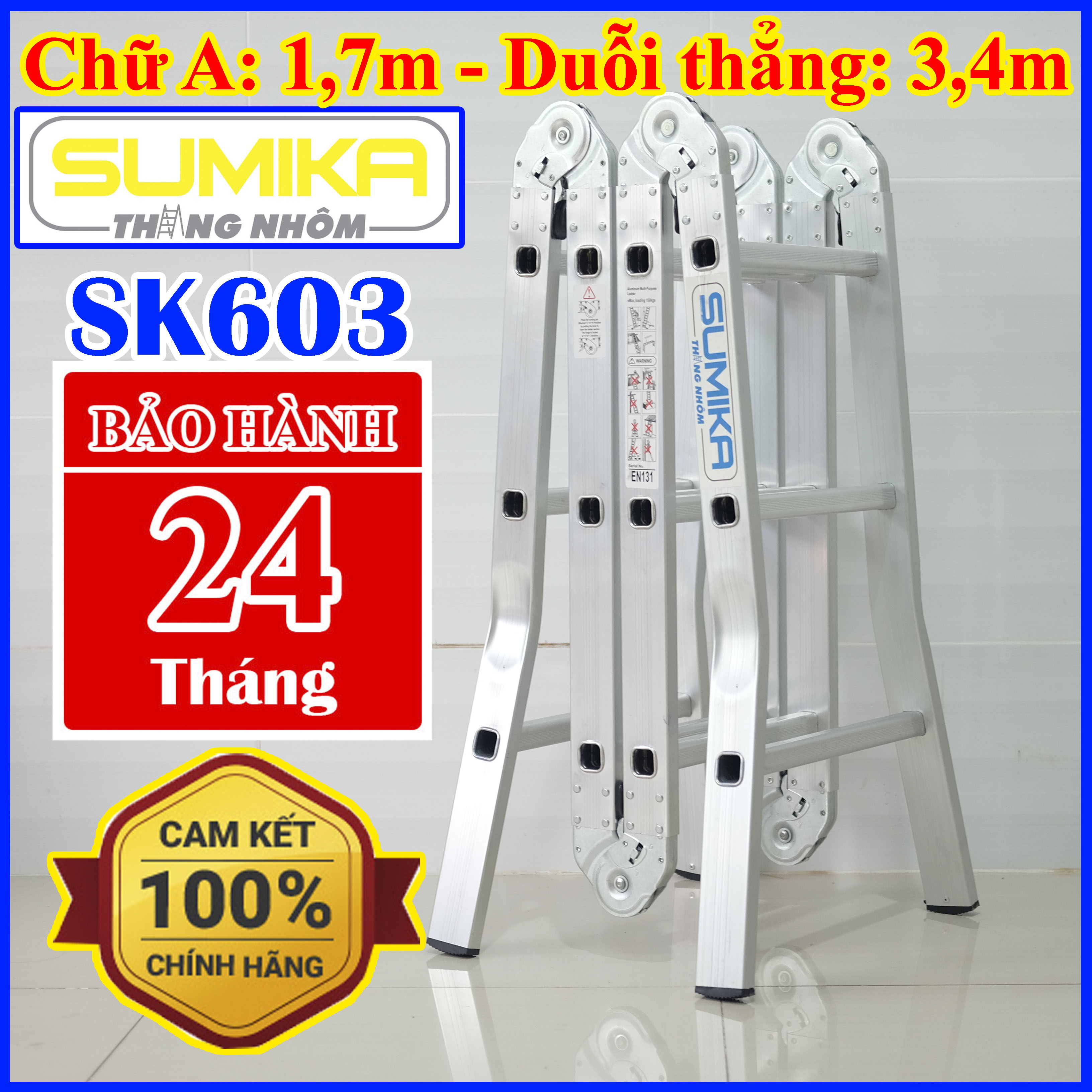 Thang nhôm gấp 4 đoạn chữ A: 1.7m duỗi thẳng 3.4m Sumika SK603 tiêu chuẩn an toàn Châu Âu Sử dụng khóa lẫy sập tự động