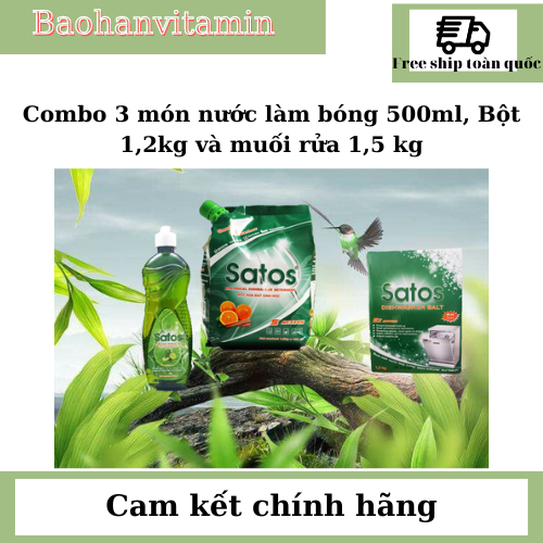 Bộ 3 bột rửa chén bát hữu cơ 1,5kg, nước làm bóng 500ml, muối tinh khiết 1.5kg Satos cho máy rửa bát, khử mùi kháng khuẩn tăng tuổi thọ máy