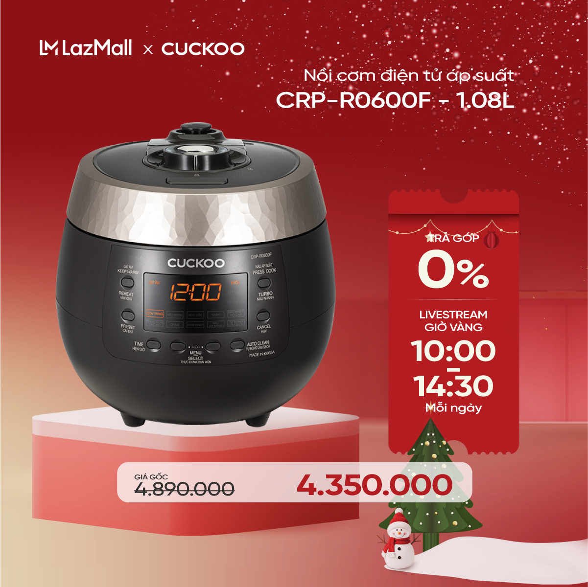  Nồi cơm điện tử áp suất Cuckoo 1.08 lít CRP-R0600F màu đen - lòng nồi chống dính cao cấp phủ Xwall Black shine -Sản xuất tại Hàn Quốc - bản Quốc Tế tiếng Anh - Hàng chính hãng Cuckoo Việt Nam 