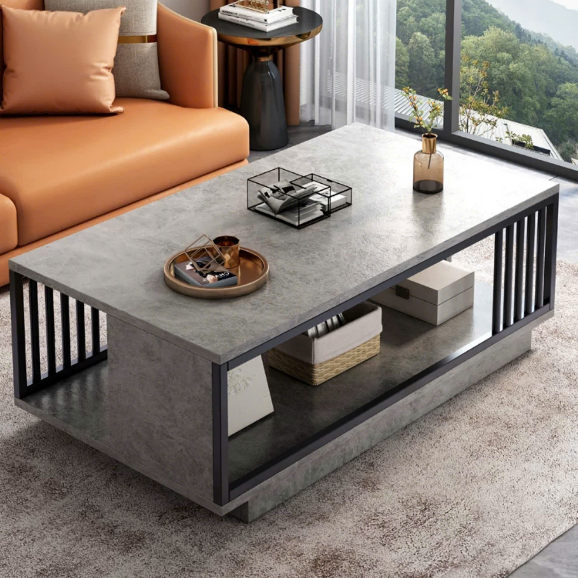  Bàn trà sofa phòng khách hình chữ nhật 2 tầng mặt gỗ khung thép chắc chắn kích thước 100x50cm 