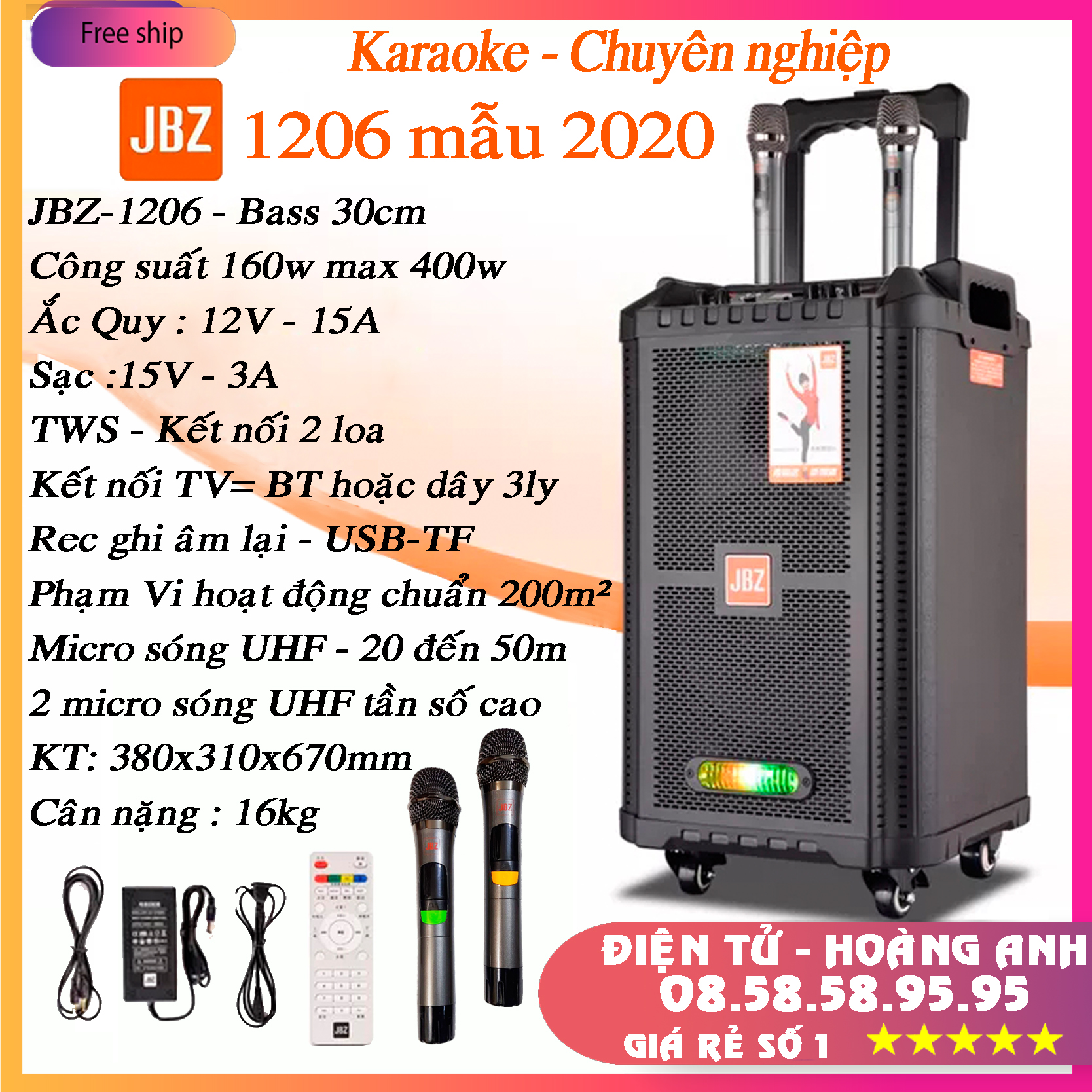Loa kéo karaoke jbz-ne-1206 / 1006 / 0806 tặng 2 micro uhf- kim loại