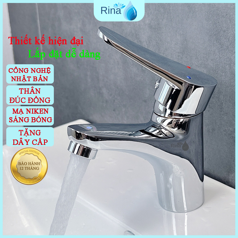 Bộ vòi lavabo nóng lạnh đồng thau xi bóng cao cấp rina rn4006 vòi lavabo rửa mặt nóng lạnh
